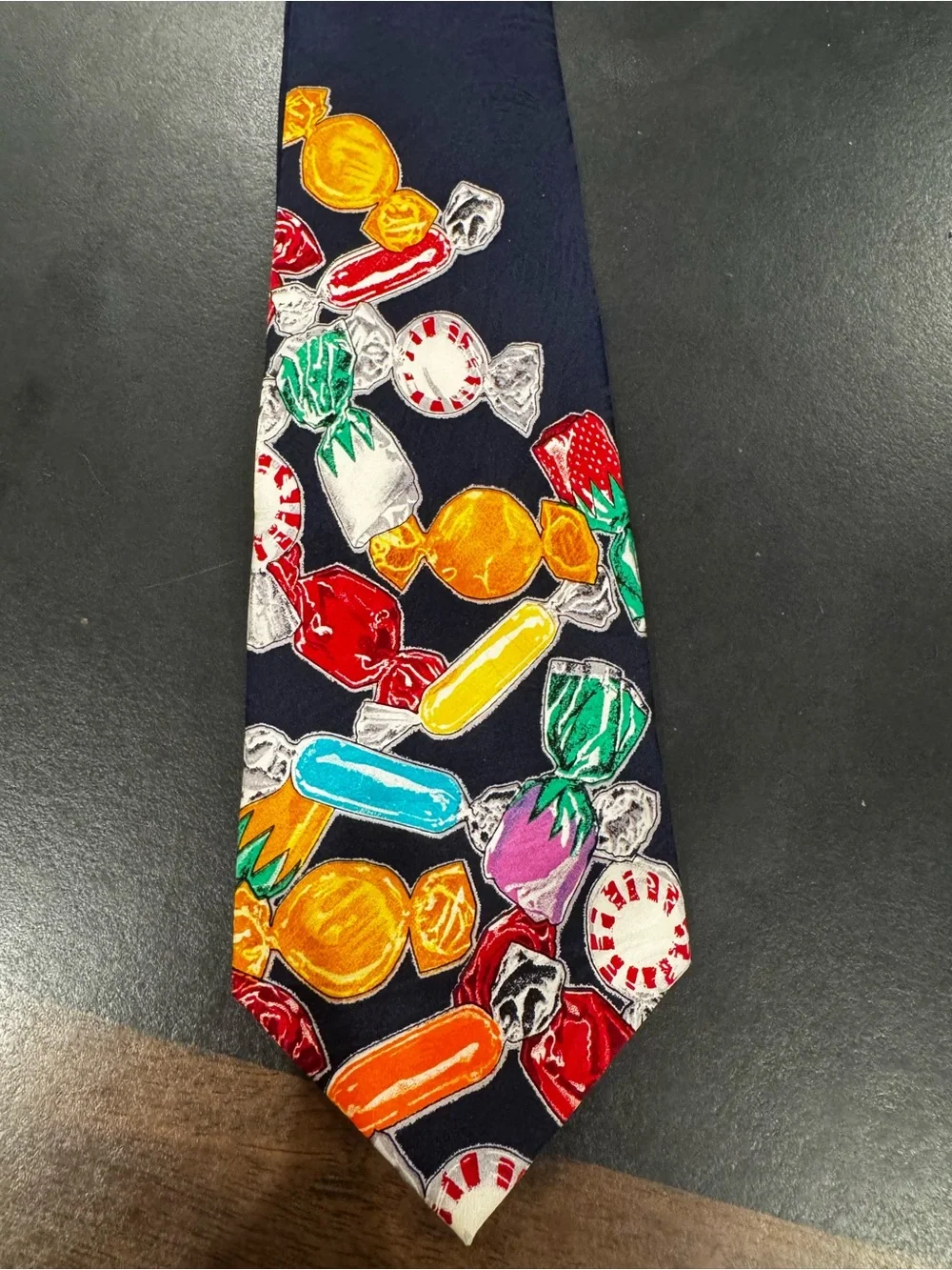 Peerless- Quality Confections Navy Tie with Colorful Candy Print